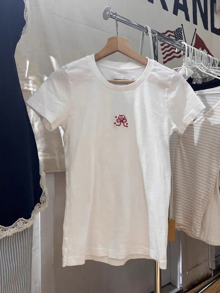 Cat with Bow Embroidery Slim T-shirt Woman Summer O-neck Short Sleeve Cotton Tee Shirt Female New Sweet Cartoon Tshirt Y2k Tops
