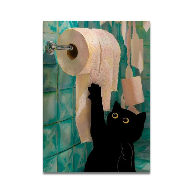 Bathroom Cat Reading on Toilet Canvas Wall Art Print Poster Funny Animal Decor Painting Home Decor Gift Unframed