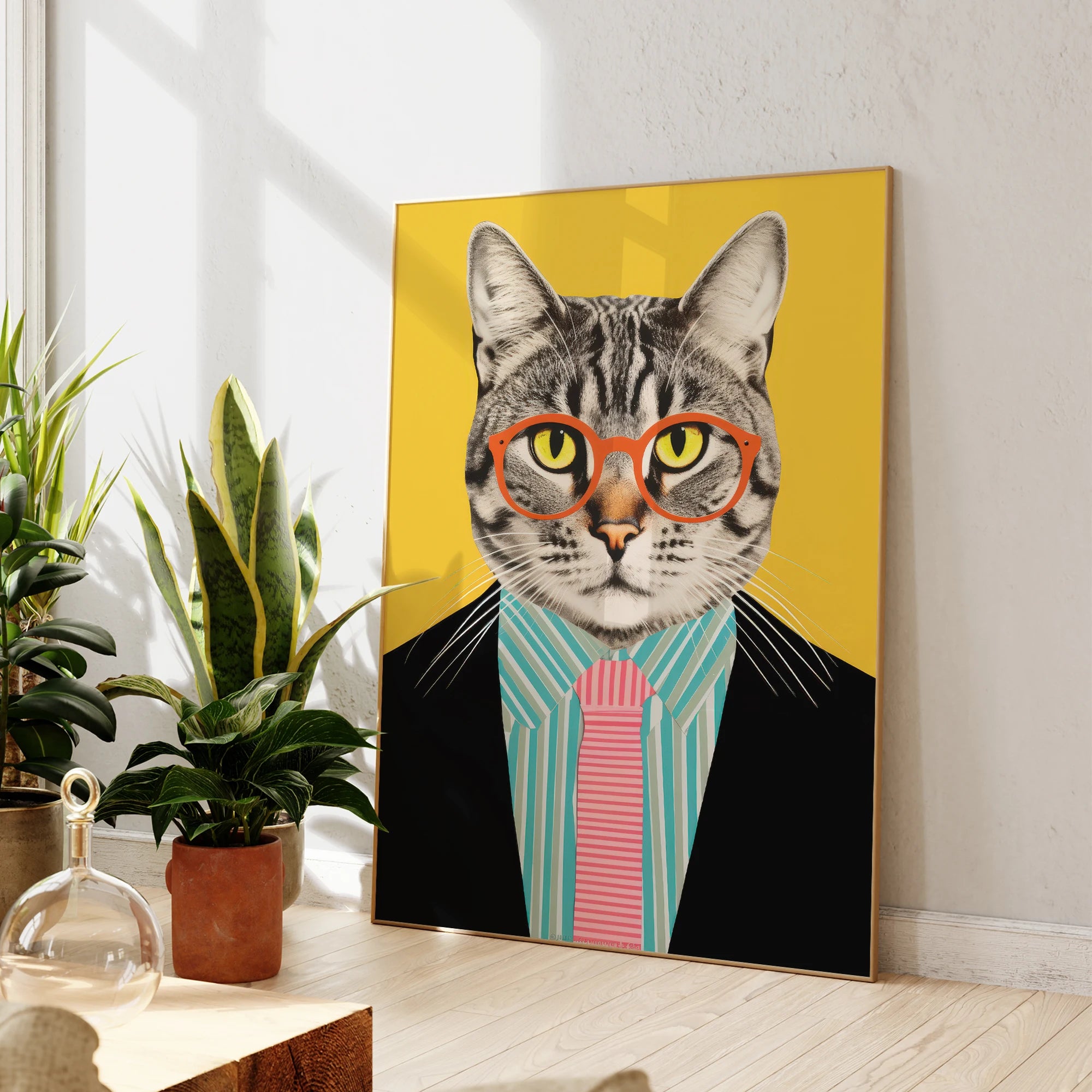 Modern Yellow Funny Cat Suit Dancing Glasses Cool Animal Wall Art Prints Canvas Painting Poster Picture Living Room Home Decor