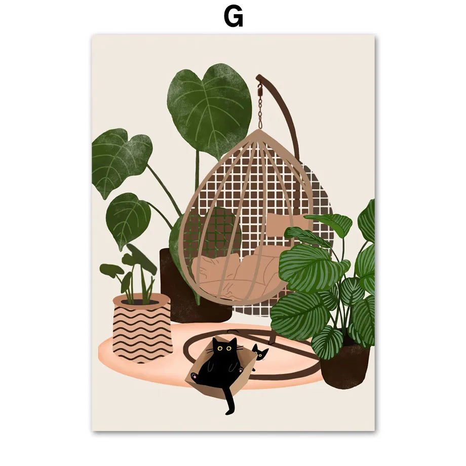 Abstract Green Plants Black Cat Wall Art Canvas Painting Aesthetics Posters And Prints Wall Pictures For Boho Living Room Decor