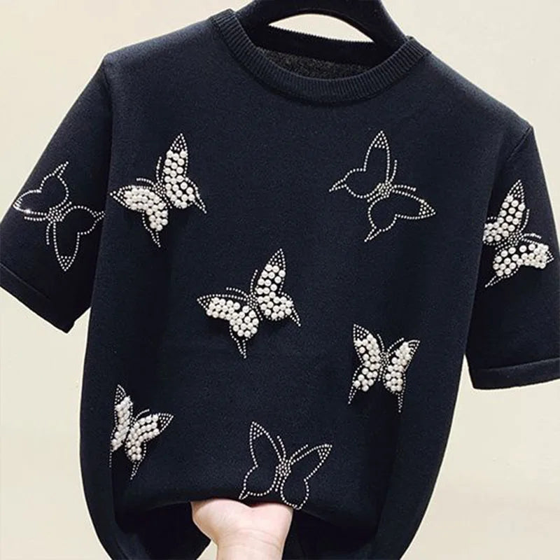 Women Clothing Chic Bow Knot Embroidered Flares T-shirt Summer Elegant O-neck Short Sleeve Knit Top Tee Office Lady Pullovers