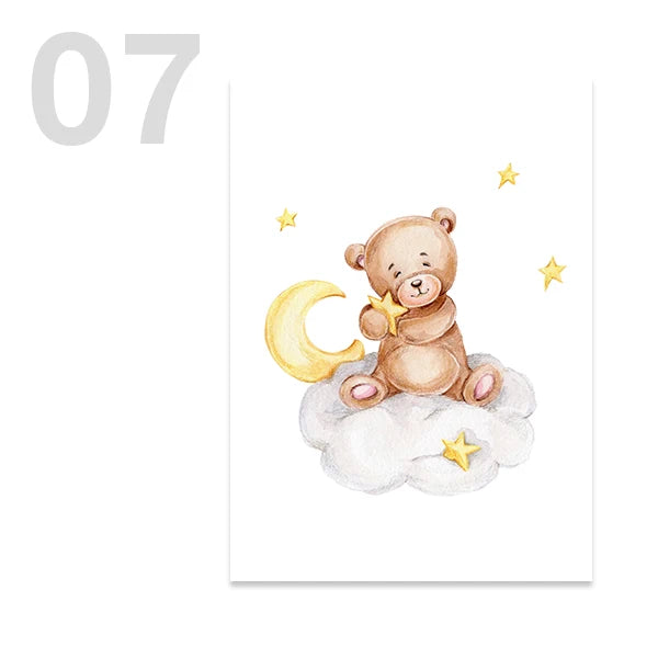 Watercolor Cute Teddy Bear and Rabbit Nursery Wall Art Posters and Prints Canvas Paintings Mural Pictures for Baby and Kids Room