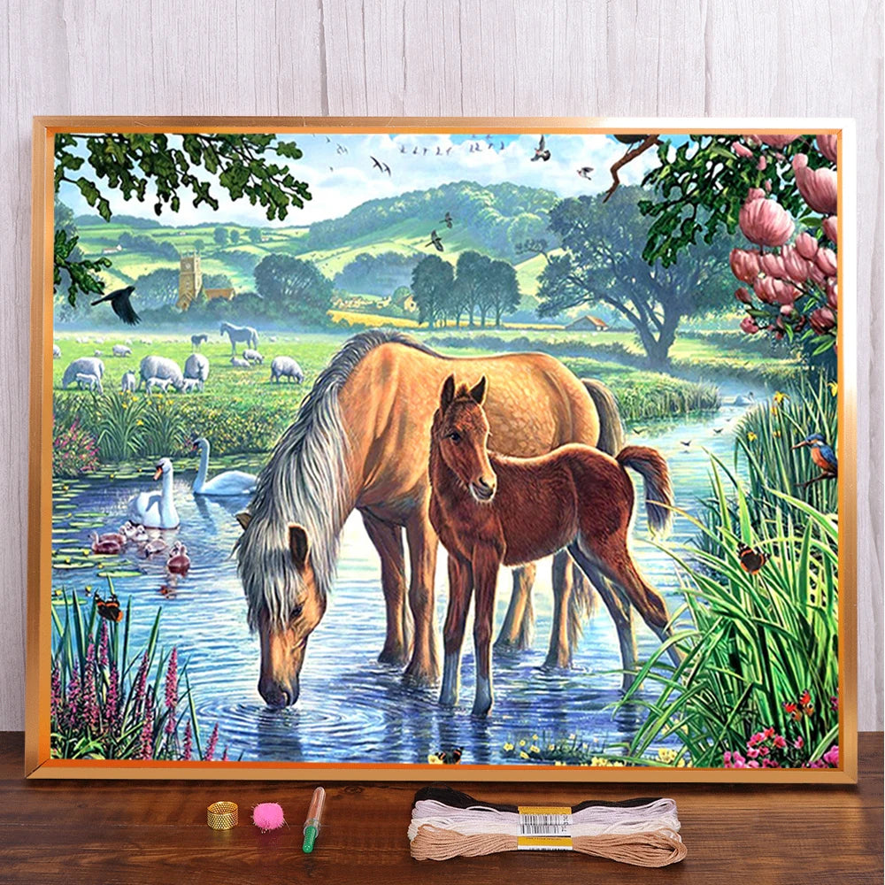 Animal Horse Printed 11CT Cross Stitch Patterns Embroidery DMC Threads Knitting Painting Needlework Hobby Counted Design Mulina