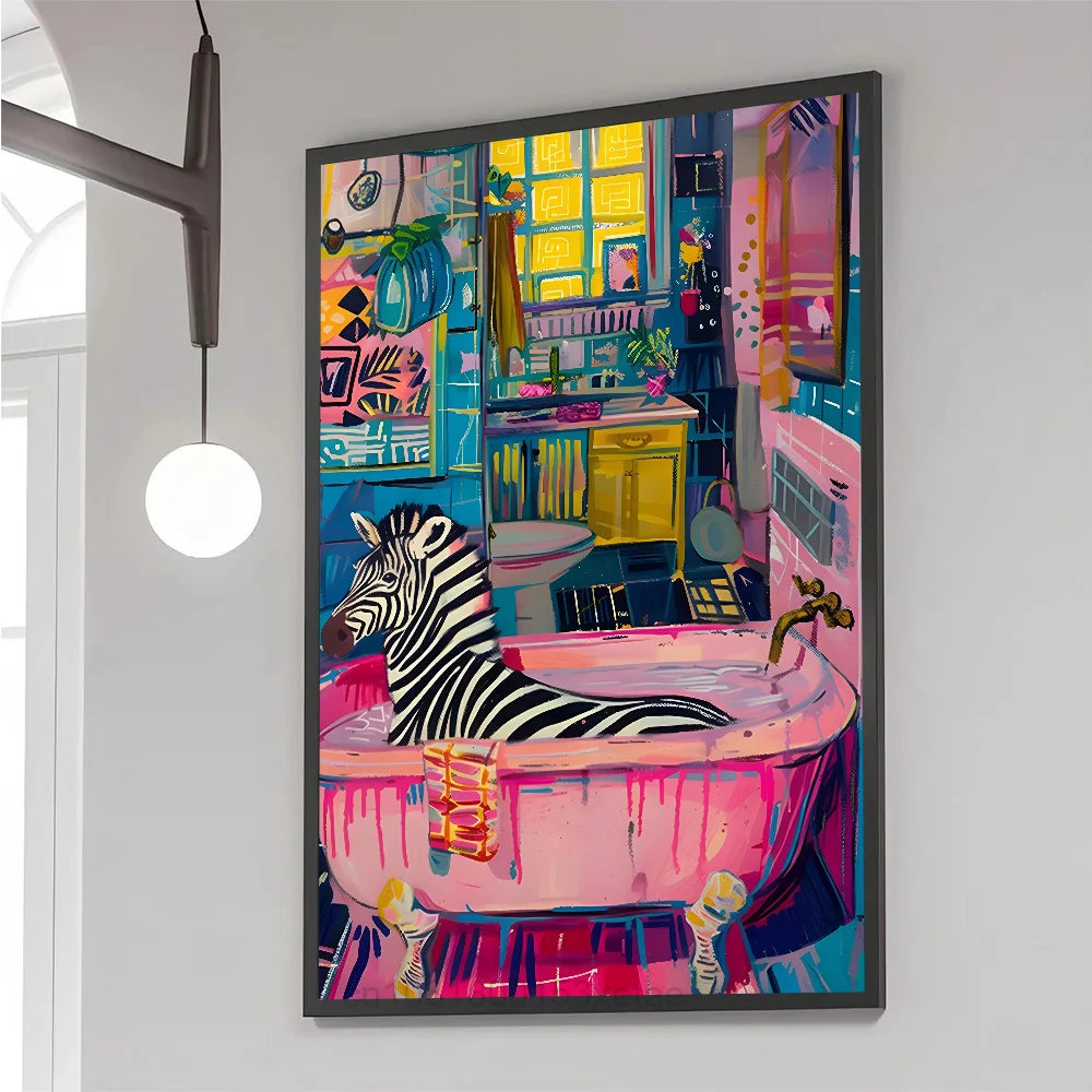 Colorful Bathtub Animal Tiger Zebra Black Cat Aesthetic Poster Paper Print Home Bedroom Entrance Cafe Art Painting Decoration