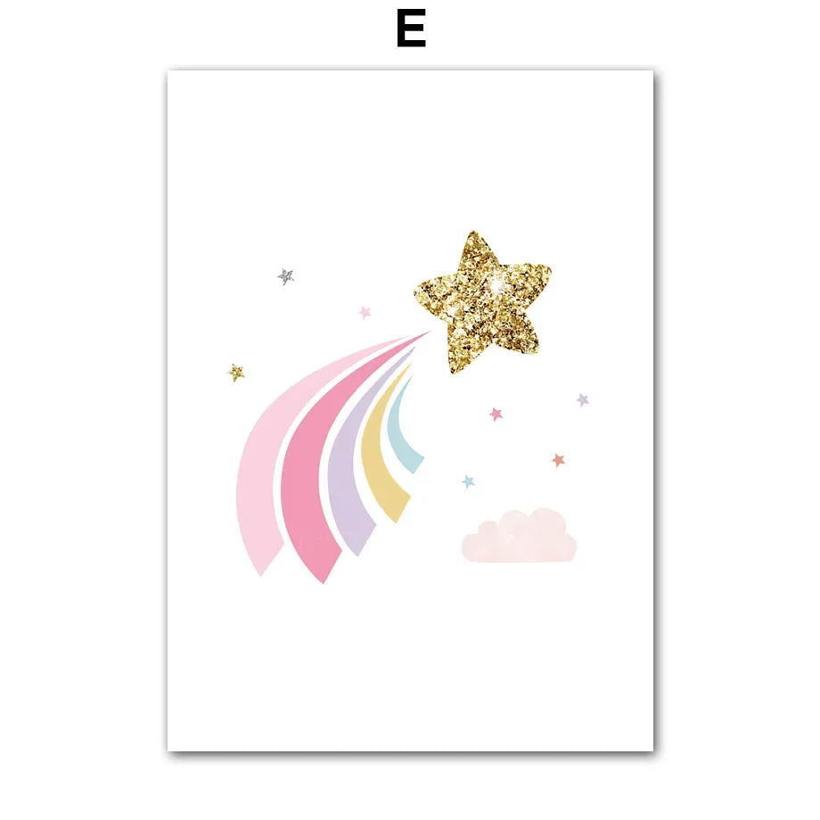 Pink Unicorn Rabbit Rainbow Cloud Flower Nursery Wall Art Canvas Painting Posters And Prints Wall Pictures Baby Kids Room Decor