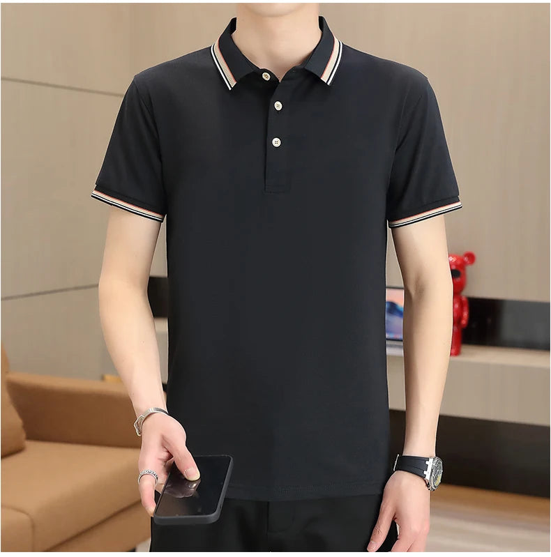 2025 Summer Casual Super Stretch Polo T-Shirt Men Turn Down Collar Slim Fit Solid Color Golf Top For Men Plus Size 4XL