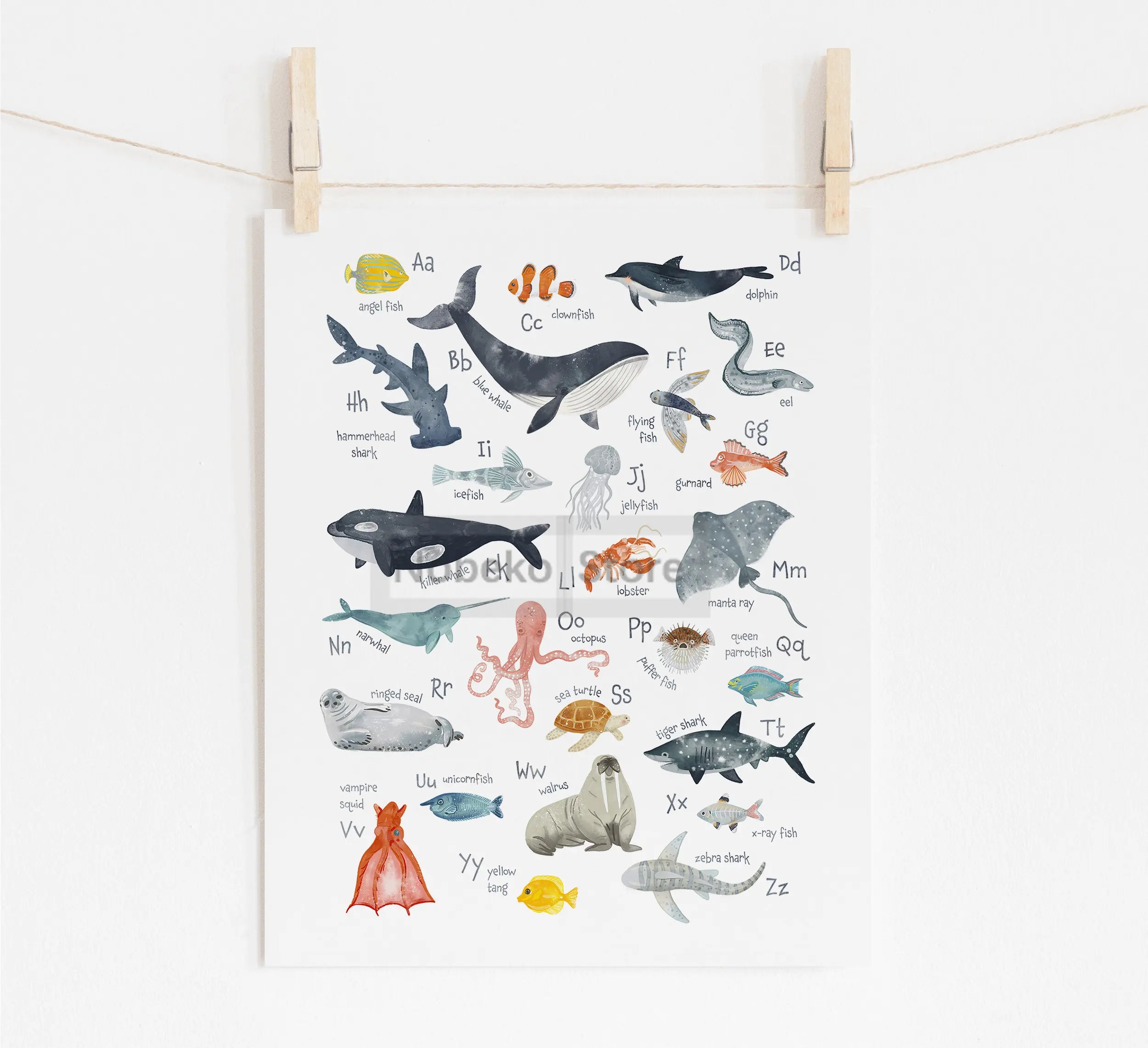 Animal Alphabet Educational Posters Watercolor Animals Prints Canvas Wall Art Pictures Neutral Nursery and Playroom Decoration
