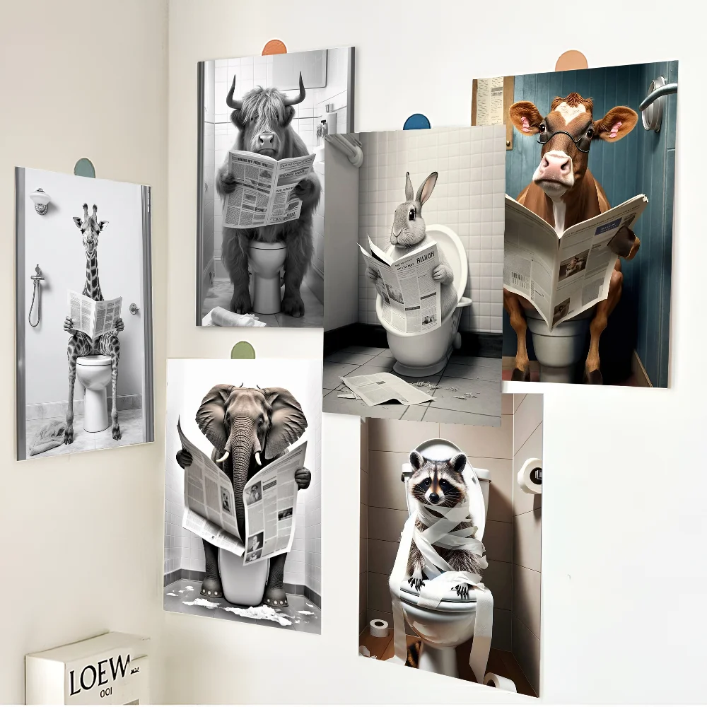 Creative Animal Toilet Self-adhesive Art Poster Whitepaper Sticker DIY Room Bar Cafe Wall Decor