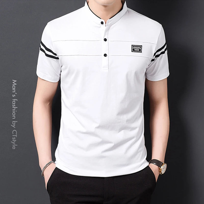 2025 Men's Casual Fashion Solid Color Short Sleeved Polo Shirt Stand Up Collar Versatile Comfortable Top