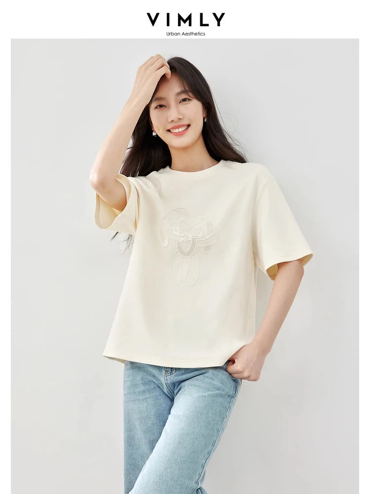 Vimly Summer Short Sleeve Women's T-shirt Simple Round Neck Straight Loose Casual Embroidery Cotton Top Basic Tees M5617