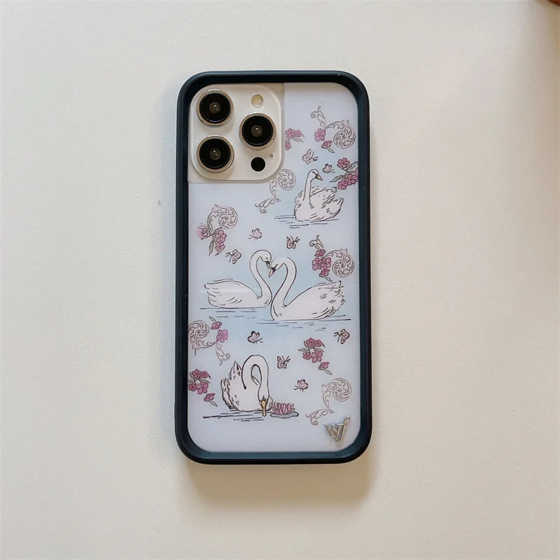 Wildflower 3D Sweet Swan Lake Phone Case for iPhone 16 15 14 13 12 Pro Max Plus 16pro 15pro Ins Puppy WF Cute Cartoon Cover
