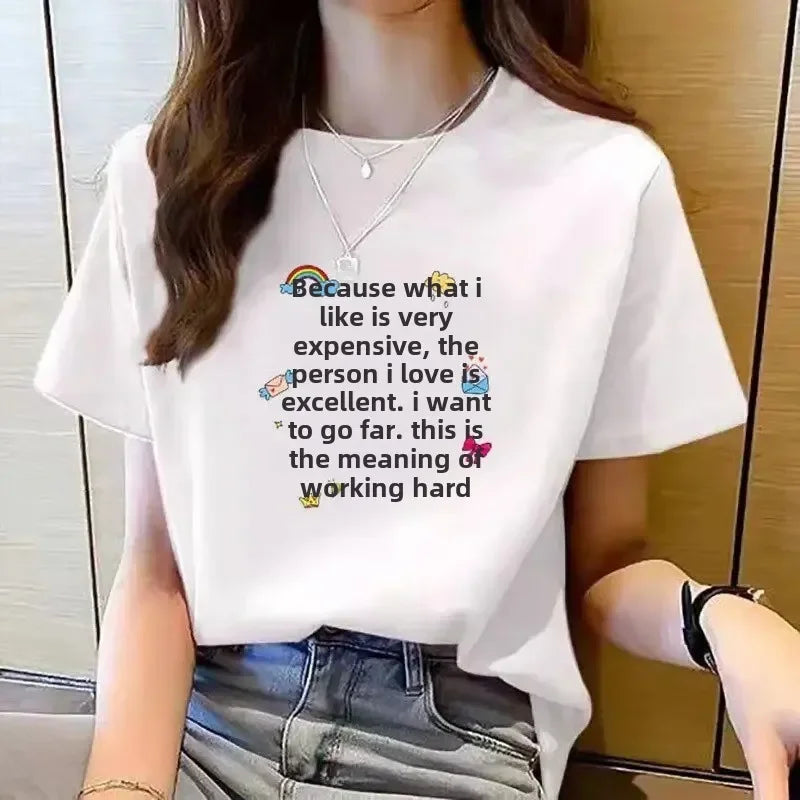 White Women's T-shirt Spring Summer Loose Fit Crew Neck Short Sleeve Base Shirt Inner Wear Versatile Stylish Base Layer Top
