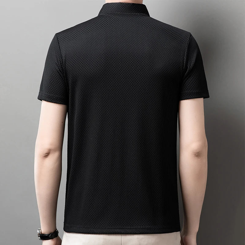 2025 Men's Business Casual Short Sleeved Bone Flower Solid Color POLO Shirt Fashion Breathable Comfortable Summer Versatile Top