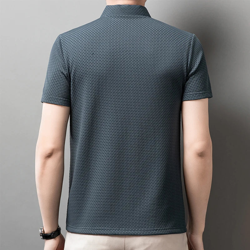 2025 Men's Business Casual Short Sleeved Bone Flower Solid Color POLO Shirt Fashion Breathable Comfortable Summer Versatile Top