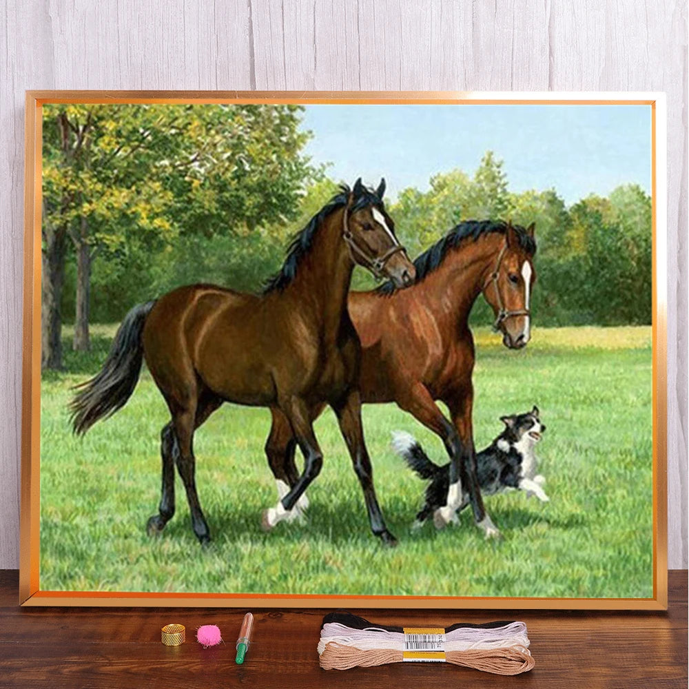 Animal Horse Printed 11CT Cross Stitch Patterns Embroidery DMC Threads Knitting Painting Needlework Hobby Counted Design Mulina