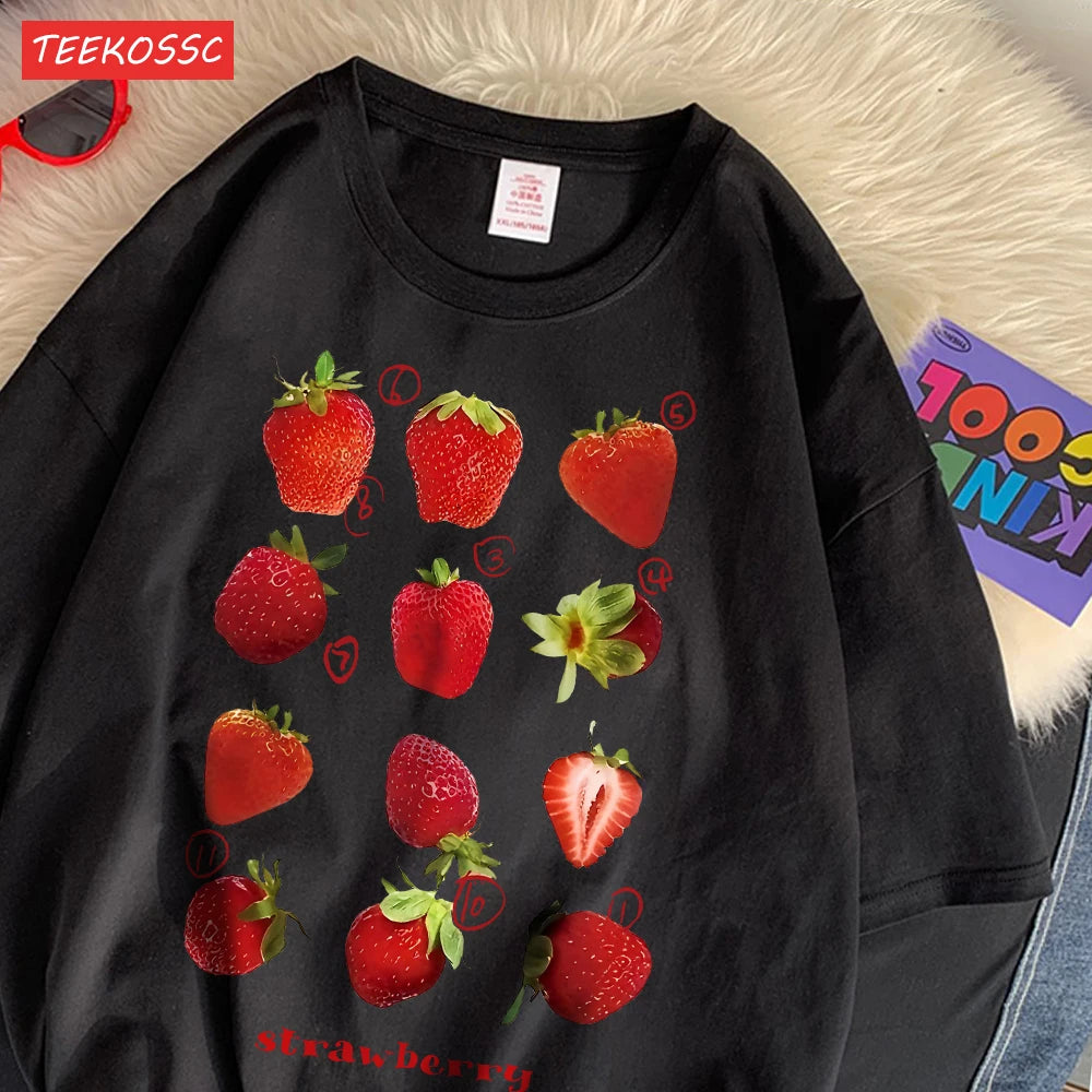 100% Cotton Women T-shirt Cute Fresh Strawberries Printed Tee Shirt Summer Comfortable Loose Tops Street Fashion Female Clothes
