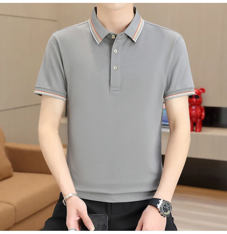 2025 Summer Casual Super Stretch Polo T-Shirt Men Turn Down Collar Slim Fit Solid Color Golf Top For Men Plus Size 4XL