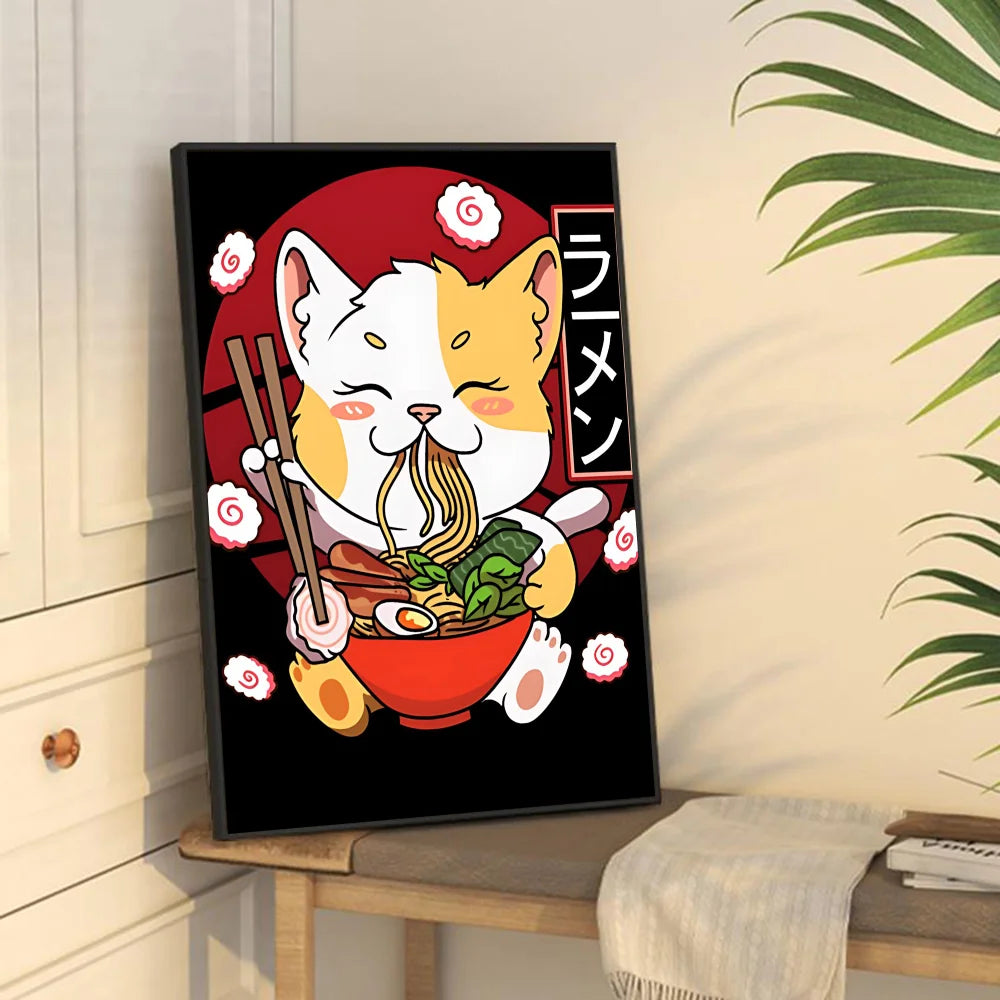 Hot Style Ramen Animal Cat Anime Posters Sticky Whitepaper Sticker DIY Room Bar Cafe Kawaii Room Decor
