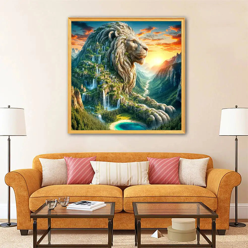 Huacan Diamond Painting Kit Lion Animal Mountain Tree Landscape Full Round Square Diamond Mosaic Home Living Room Art Craft