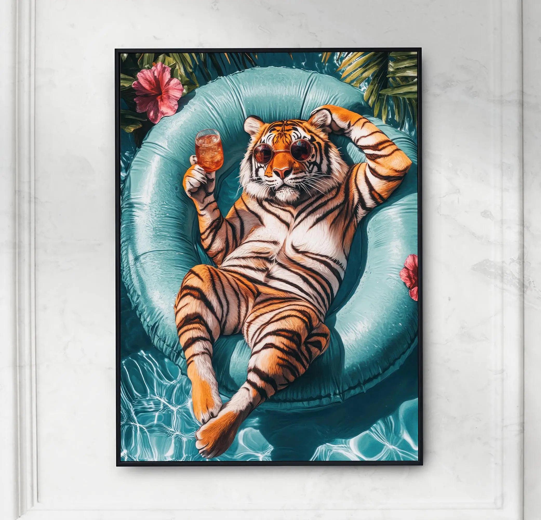 Relaxing Animal on Pool Float Summer Tropical Poster Lion Tiger Cat Canvas Painting Wall Art Fun Bathroom Living Room Home Decor