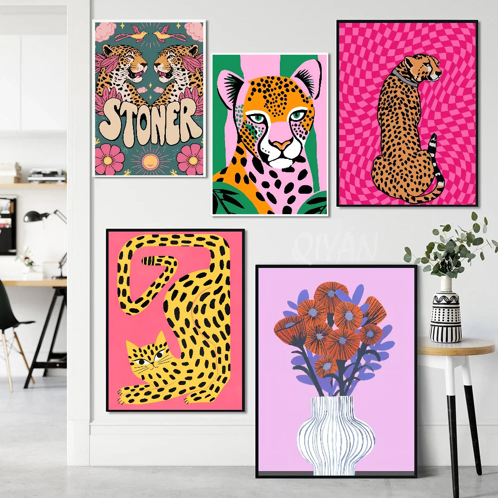 Wild Leopard Tiger Vase Flower Poster Poster Paper Print Home Living Room Bedroom Entrance Bar Cafe Art Painting Decoration