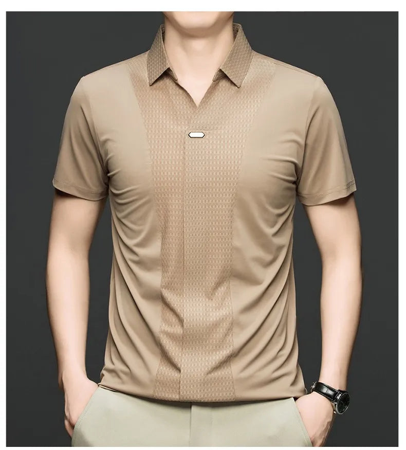 Personality jacquard splicing short sleeve Polo shirt men ice silk breathable high quality fashionable buttonless V-neck T-shirt