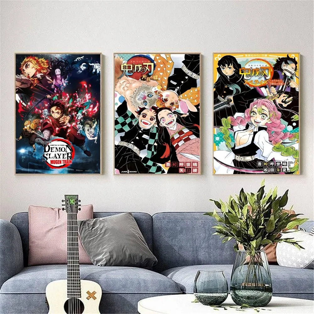 D-Demon Slayer Anime Poster HD art sticky wall waterproof home living room bedroom bar aesthetic decoration