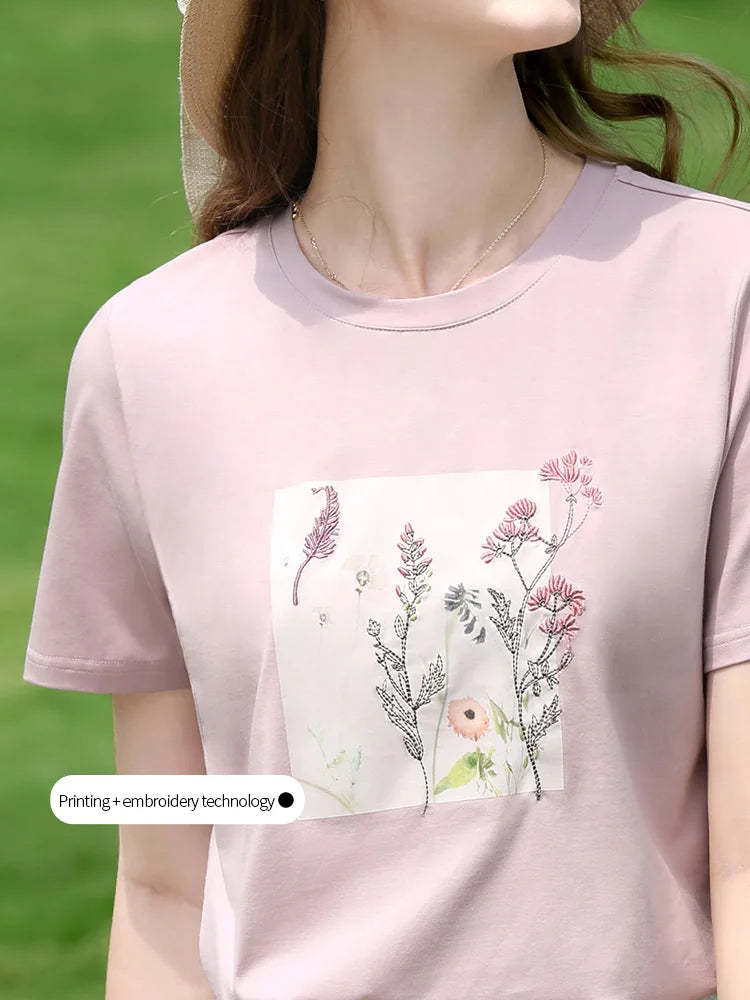 I BELIEVE YOU Women's Pink Top Heat Transfer Pattern Embroidery Round Neck Short Sleeve New Style Summer Chic T-Shirt 2252016049