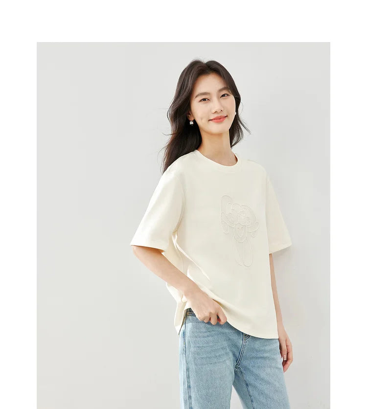Vimly Summer Short Sleeve Women's T-shirt Simple Round Neck Straight Loose Casual Embroidery Cotton Top Basic Tees M5617