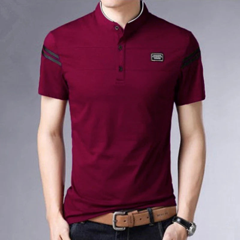 2025 Men's Casual Fashion Solid Color Short Sleeved Polo Shirt Stand Up Collar Versatile Comfortable Top