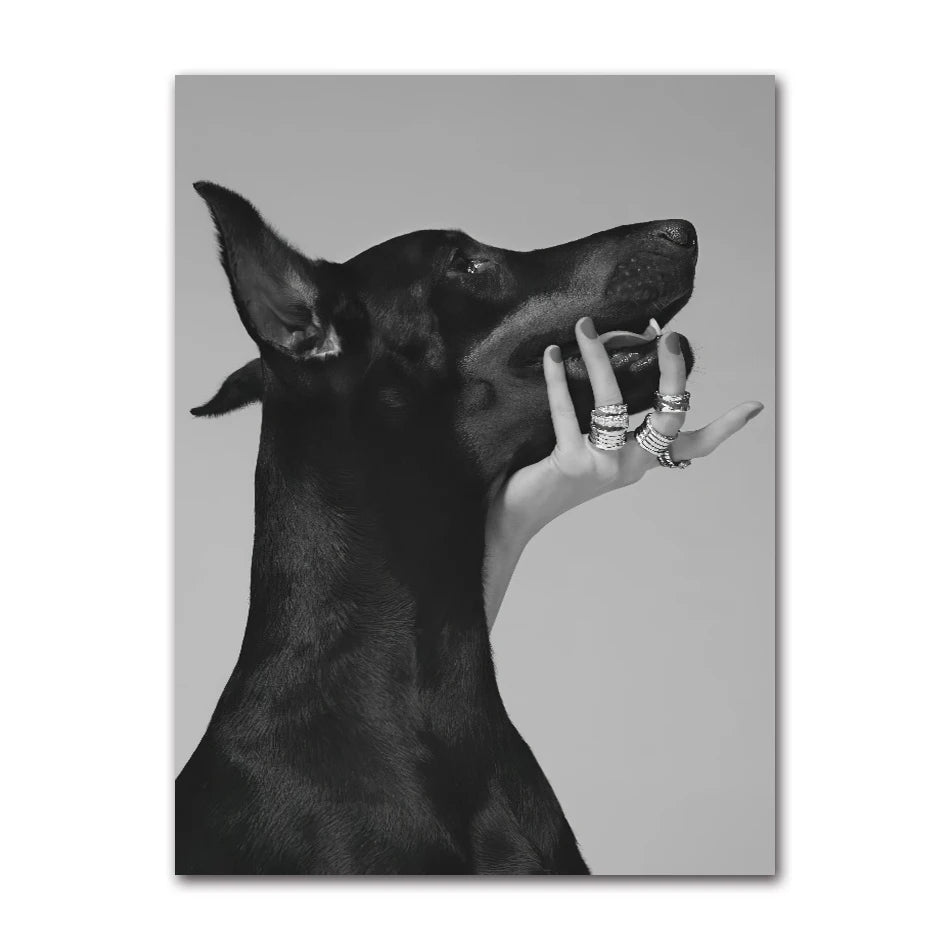 Modern Fashion Black Doberman Dog with Golden Pistol Poster Canvas Painting Luxury Animal Wall Art Picture for Living Room Decor