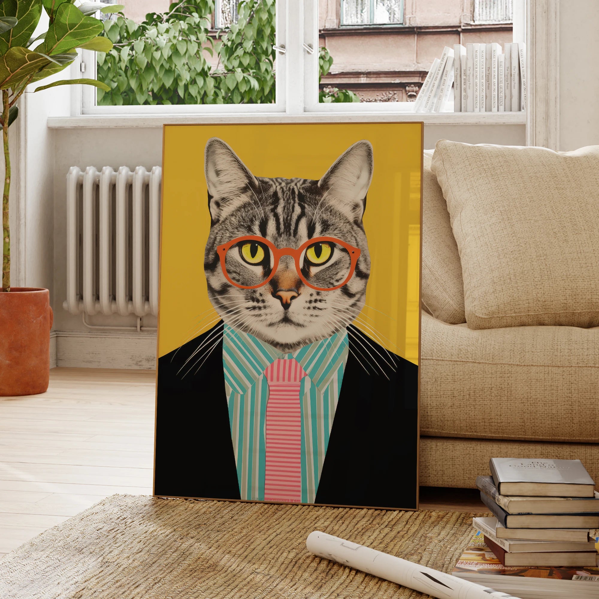 Modern Yellow Funny Cat Suit Dancing Glasses Cool Animal Wall Art Prints Canvas Painting Poster Picture Living Room Home Decor