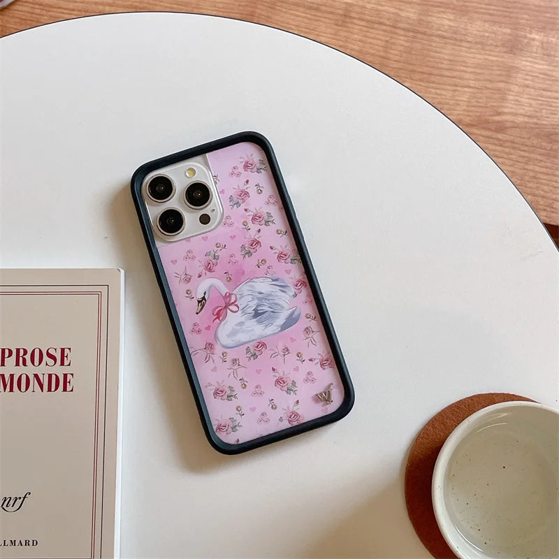 Wildflower 3D Sweet Swan Lake Phone Case for iPhone 16 15 14 13 12 Pro Max Plus 16pro 15pro Ins Puppy WF Cute Cartoon Cover