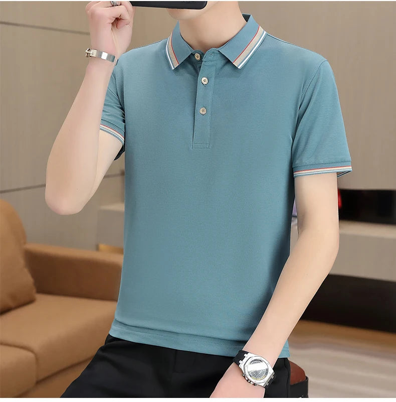 2025 Summer Casual Super Stretch Polo T-Shirt Men Turn Down Collar Slim Fit Solid Color Golf Top For Men Plus Size 4XL