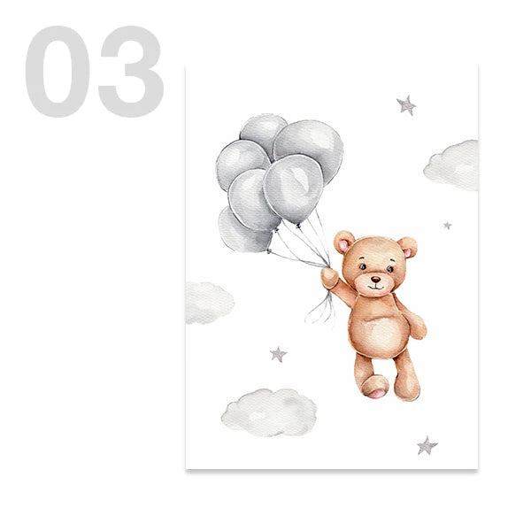 Watercolor Cute Teddy Bear and Rabbit Nursery Wall Art Posters and Prints Canvas Paintings Mural Pictures for Baby and Kids Room