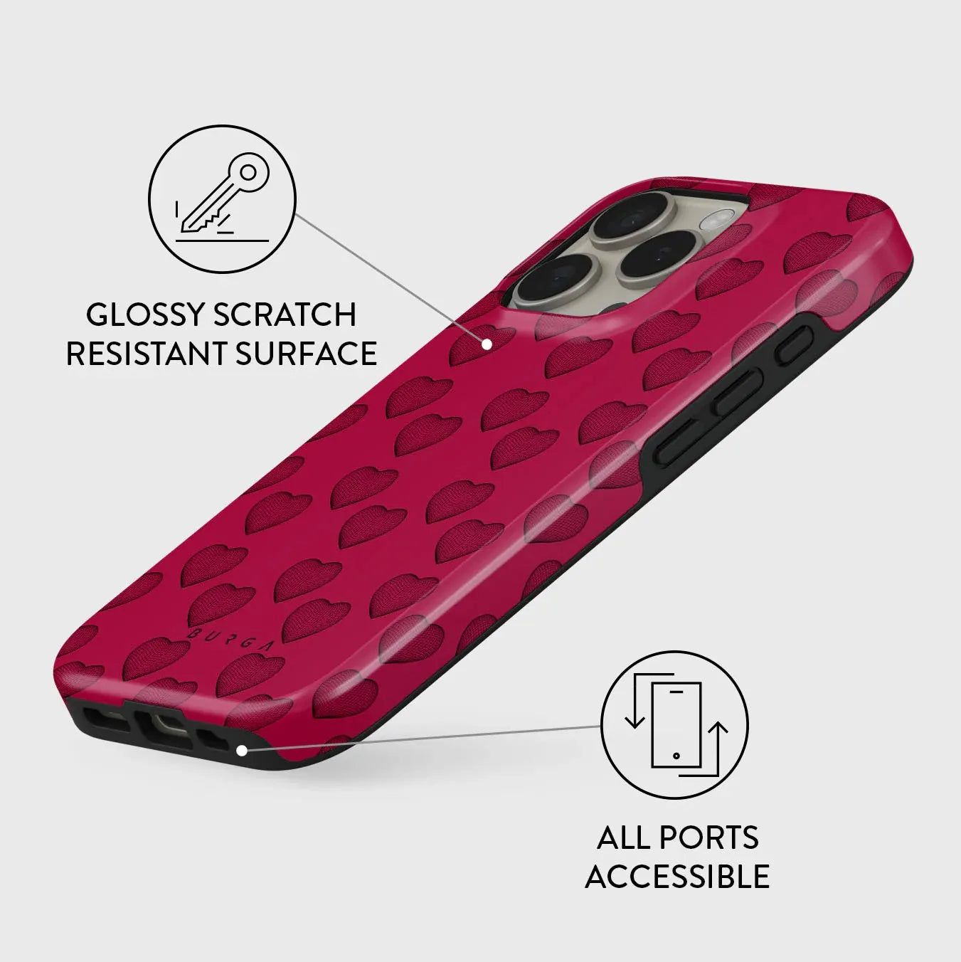 Red Love Heart BURGA Phone Case for iPhone 16 15 14 13 12 11 X XS XR XSMAX 7 8 Pro Max Plus Luxury Double-layer Back Cover