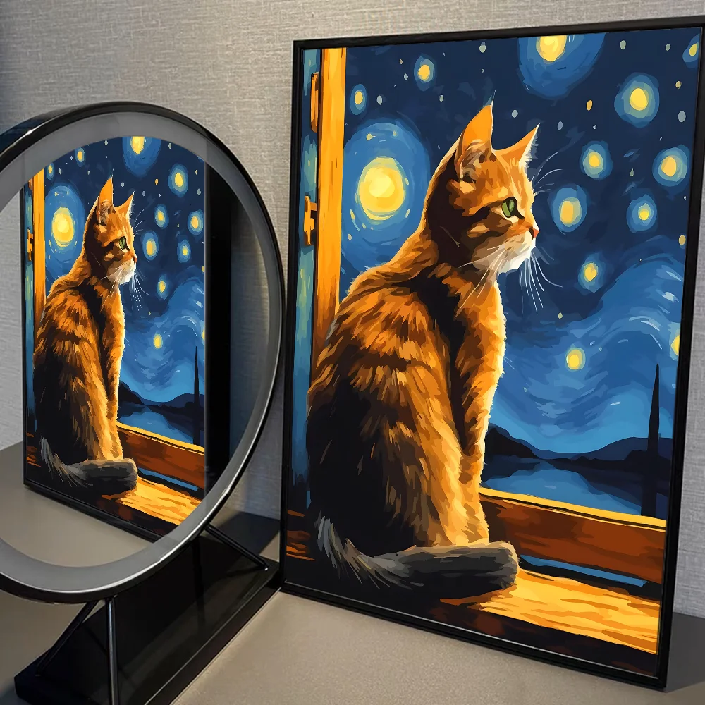 Van Gogh The Starry Night Romantic Black Cat WhitePaper Poster Sticker for Living Room Bar Decorants Aesthetic Art Wall Painting