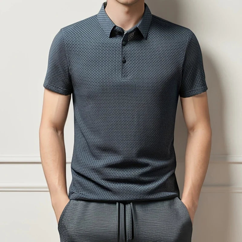 2025 Men's Business Casual Short Sleeved Bone Flower Solid Color POLO Shirt Fashion Breathable Comfortable Summer Versatile Top