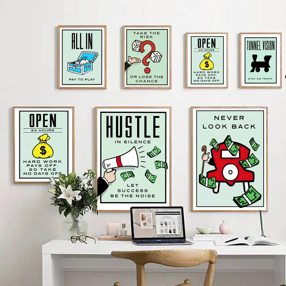 Monopoly Millionaire Dollar Money Poster Cartoon Figure Motivational Quote Canvas Painting Room Wall Art Picture For Home Decor
