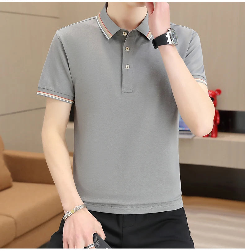 2025 Summer Casual Super Stretch Polo T-Shirt Men Turn Down Collar Slim Fit Solid Color Golf Top For Men Plus Size 4XL