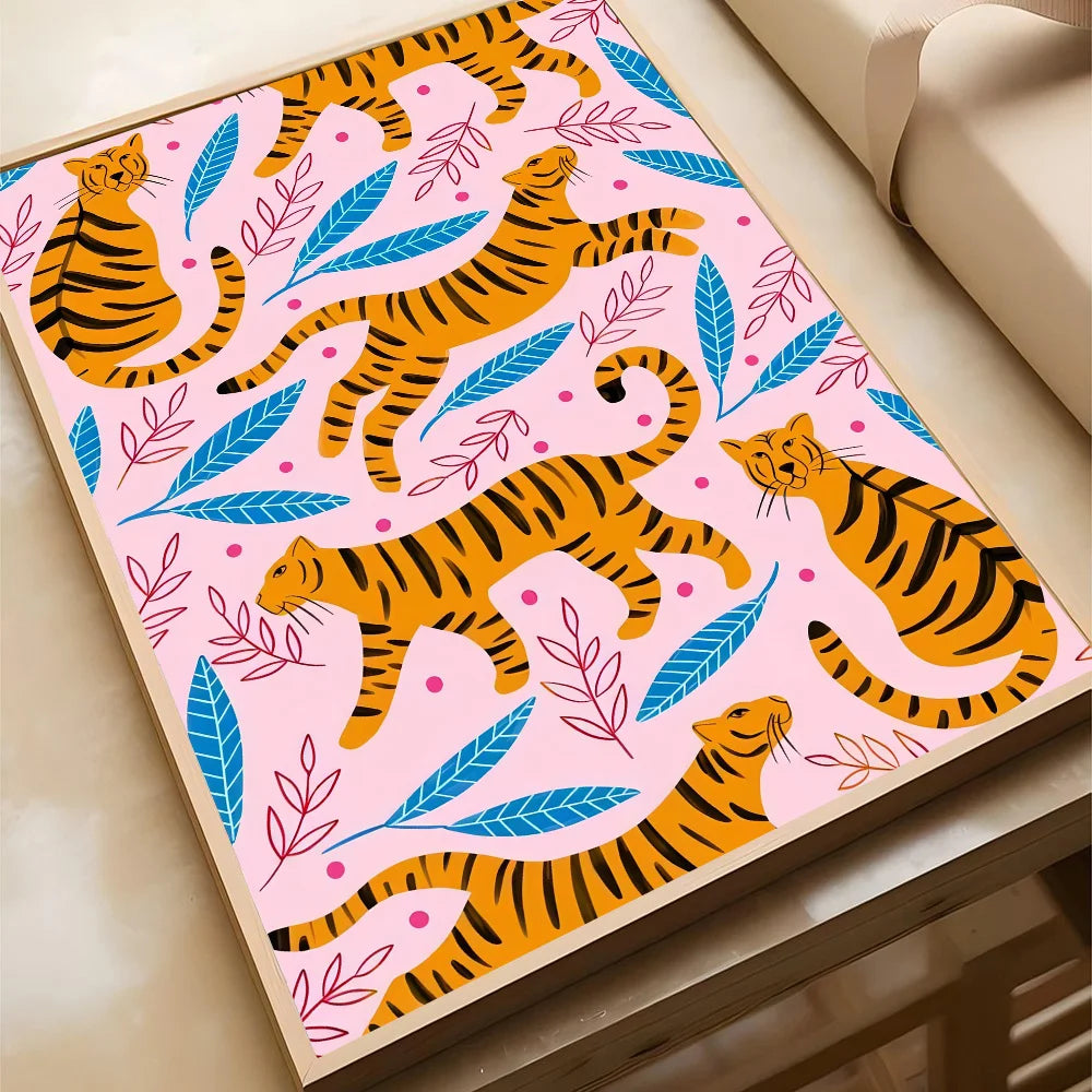 Wild Leopard Tiger Vase Flower Girl Power Poster Self-adhesive Art Waterproof Paper Sticker Coffee House Bar Room Wall Decor