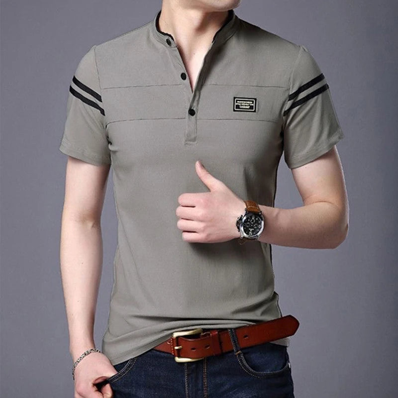 2025 Men's Casual Fashion Solid Color Short Sleeved Polo Shirt Stand Up Collar Versatile Comfortable Top