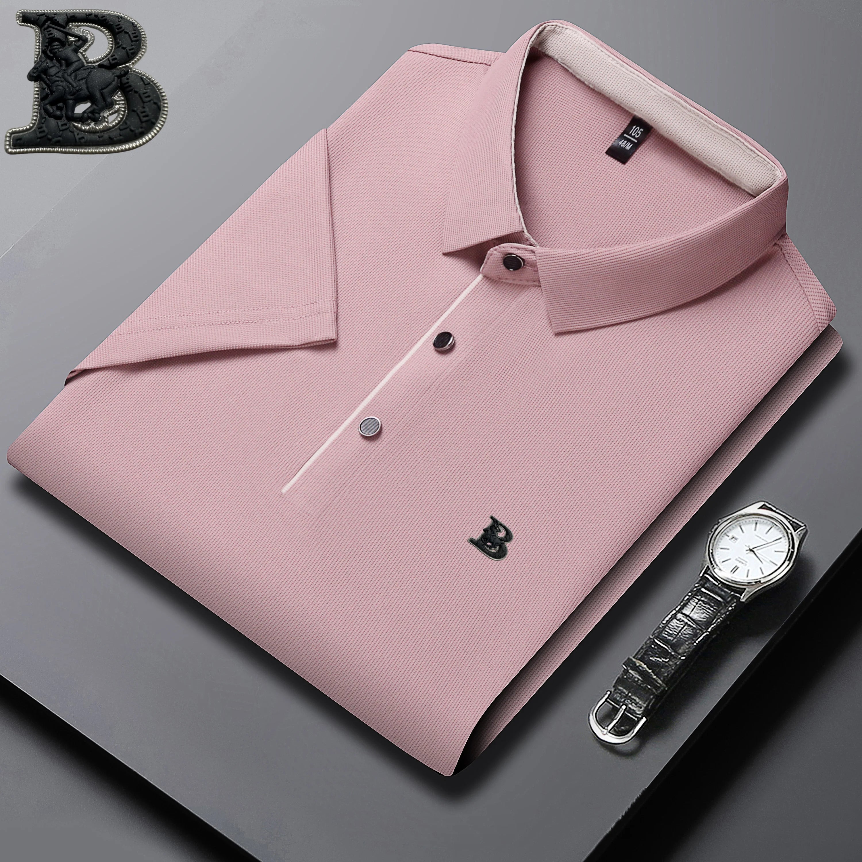 New Summer Men's Elastic Breathable Short Sleeve Designer Luxury Embossed Polo Shirt Fashionable Slimming Business Casual Tshirt