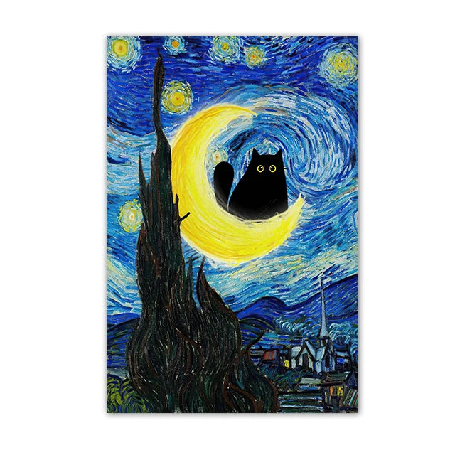 Funny Black Cat Wall Art Van Gogh Starry Night Poster Abstract Famous Reproduction Canvas Painting Aesthetic Room Home Decor
