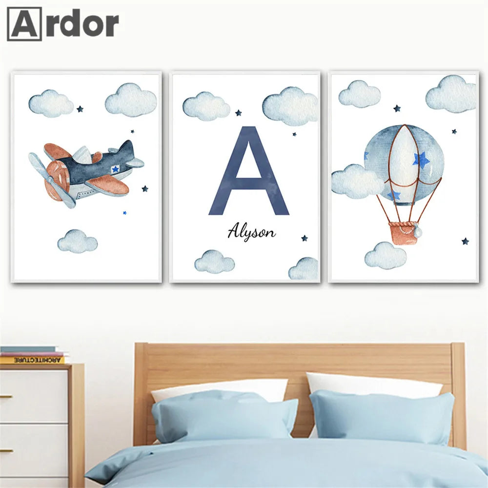 Hot Air Balloon Canvas Poster Custom Name Art Painting Blue Helicopter Plane Print Pictures Nursery Wall Posters Kids Room Decor
