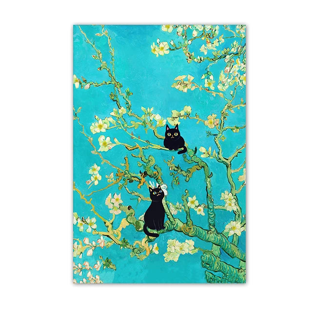 Funny Black Cat Wall Art Van Gogh Starry Night Poster Abstract Famous Reproduction Canvas Painting Aesthetic Room Home Decor