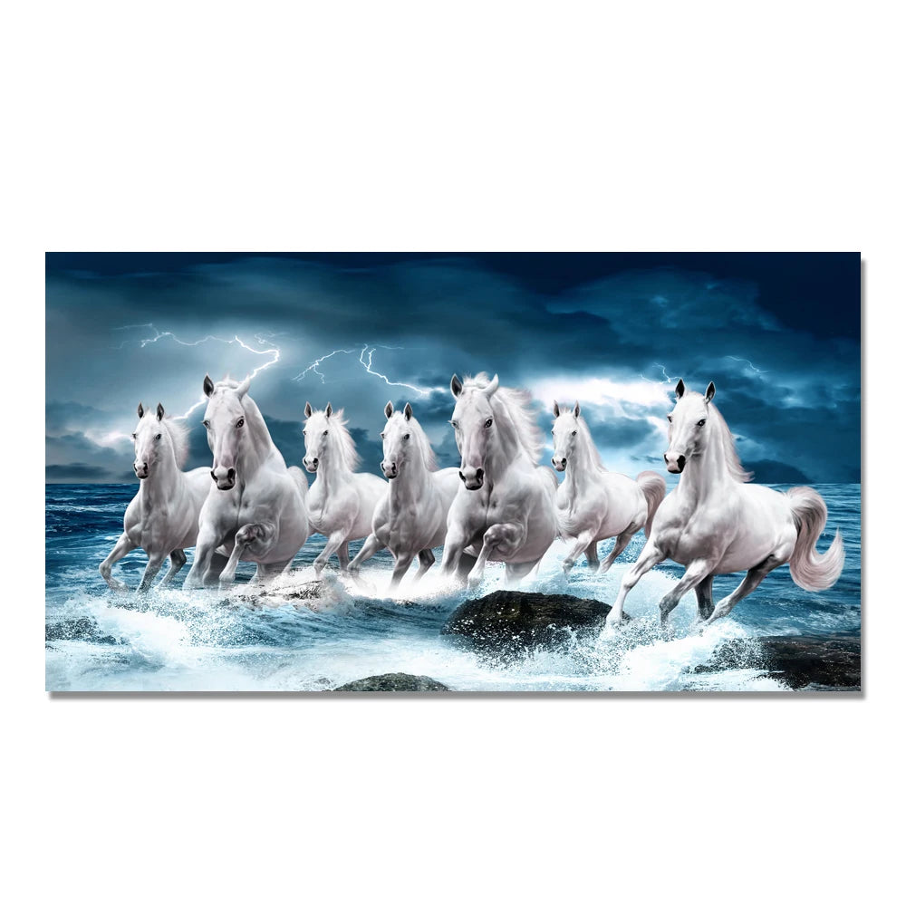 7 White Running Horses Canvas Painting Animal Posters and Prints Wall Art Picture