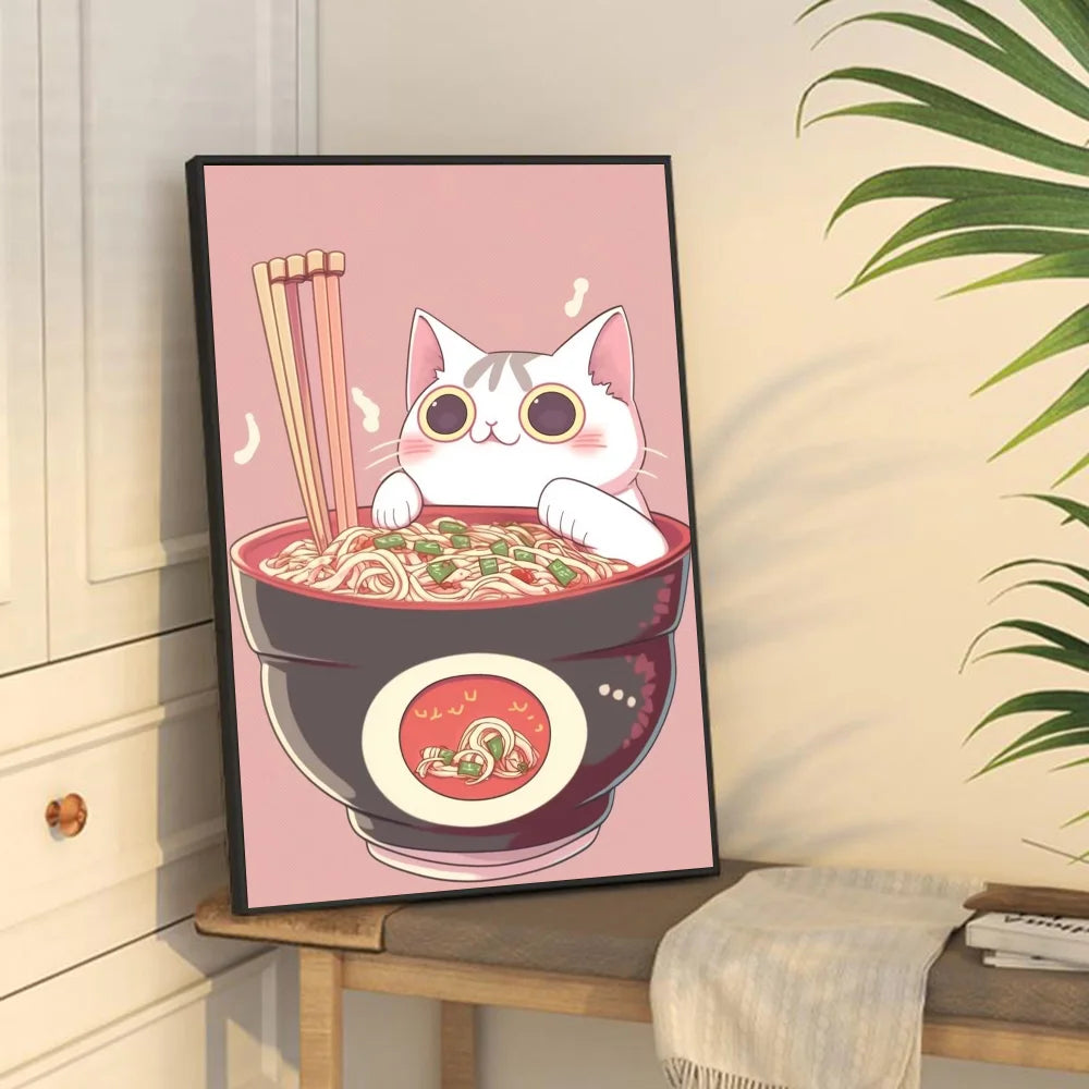 Hot Style Ramen Animal Cat Anime Posters Sticky Whitepaper Sticker DIY Room Bar Cafe Kawaii Room Decor