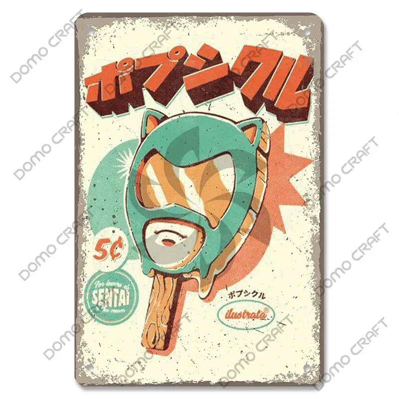 Retro Japanese Cartoon Comics Poster Metal Plate Takoyaki Noodles Fish Metal Sign Dining Room Club Wall Decor