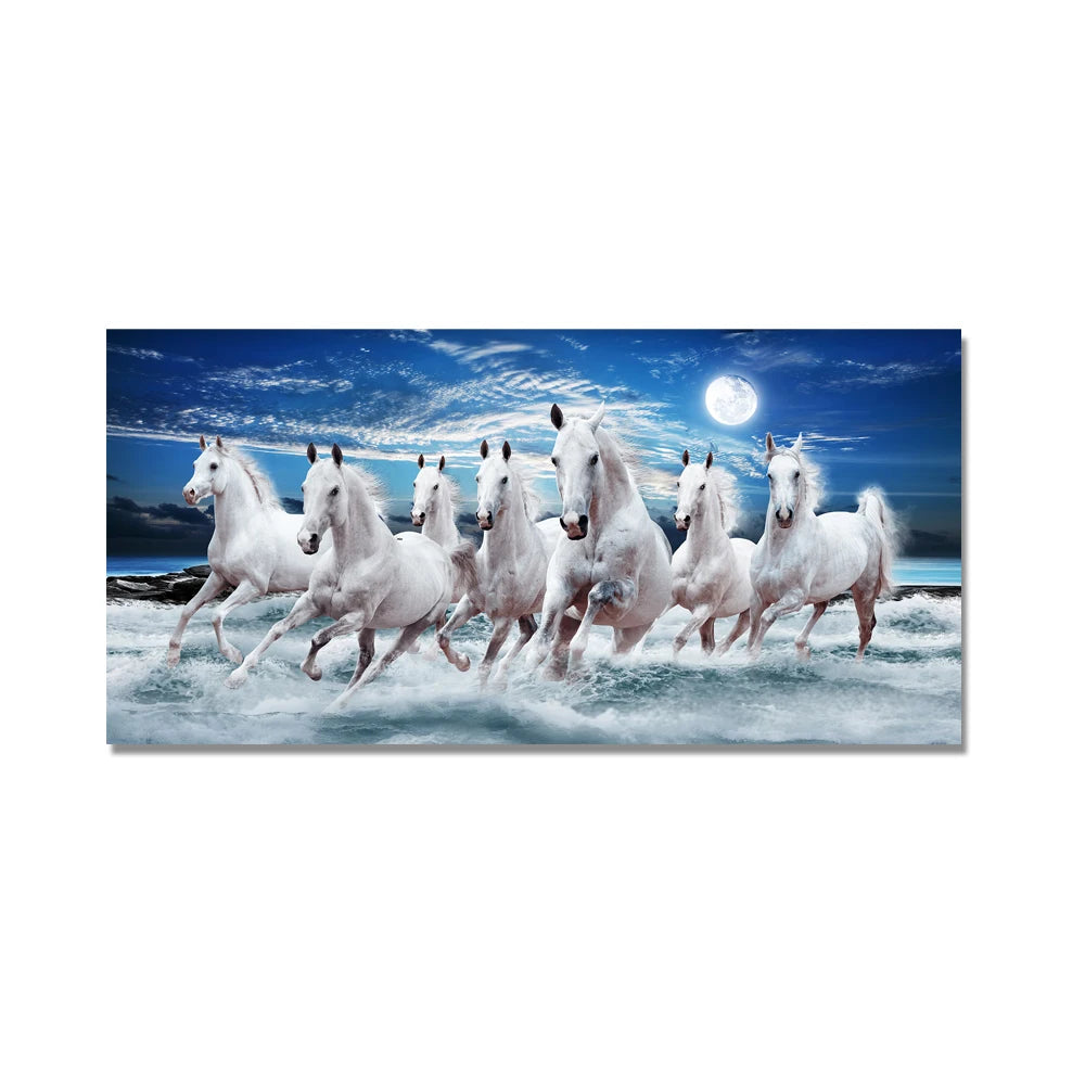 7 White Running Horses Canvas Painting Animal Posters and Prints Wall Art Picture